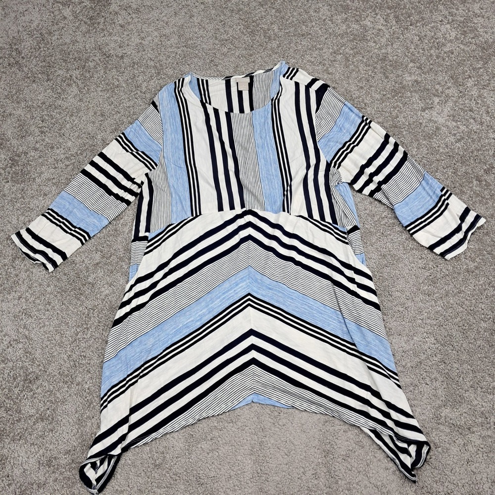 Chico's Striped Sharkbite Hem Tunic Top Blue Navy White Size‎ 4 XXL 3/4 Sleeve